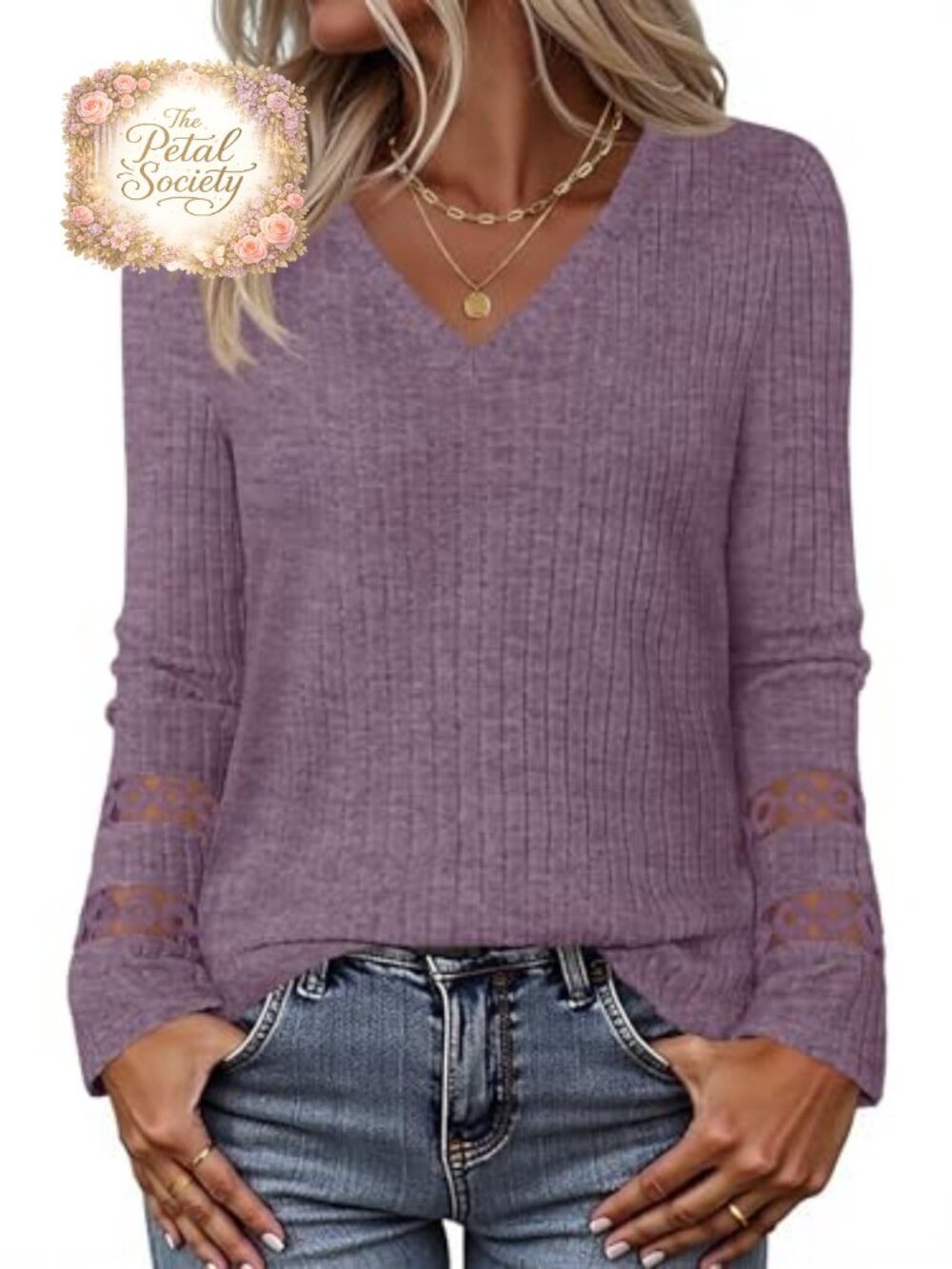 Women's V-Neck Ribbed Knit Sweater Long Sleeve Lace Cuff Tunic Top